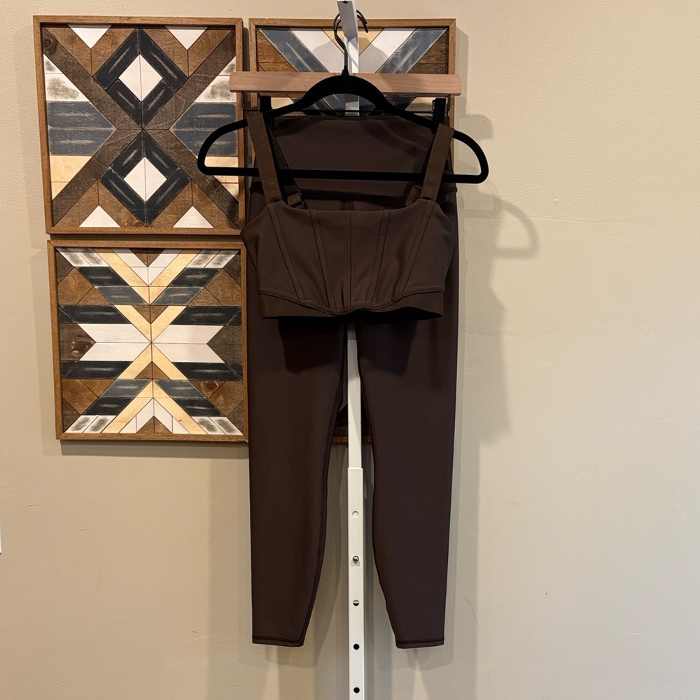 ALO Yoga 7/8 High-Waist Airlift Legging + Corset Bra Set Espresso Brown sz Small